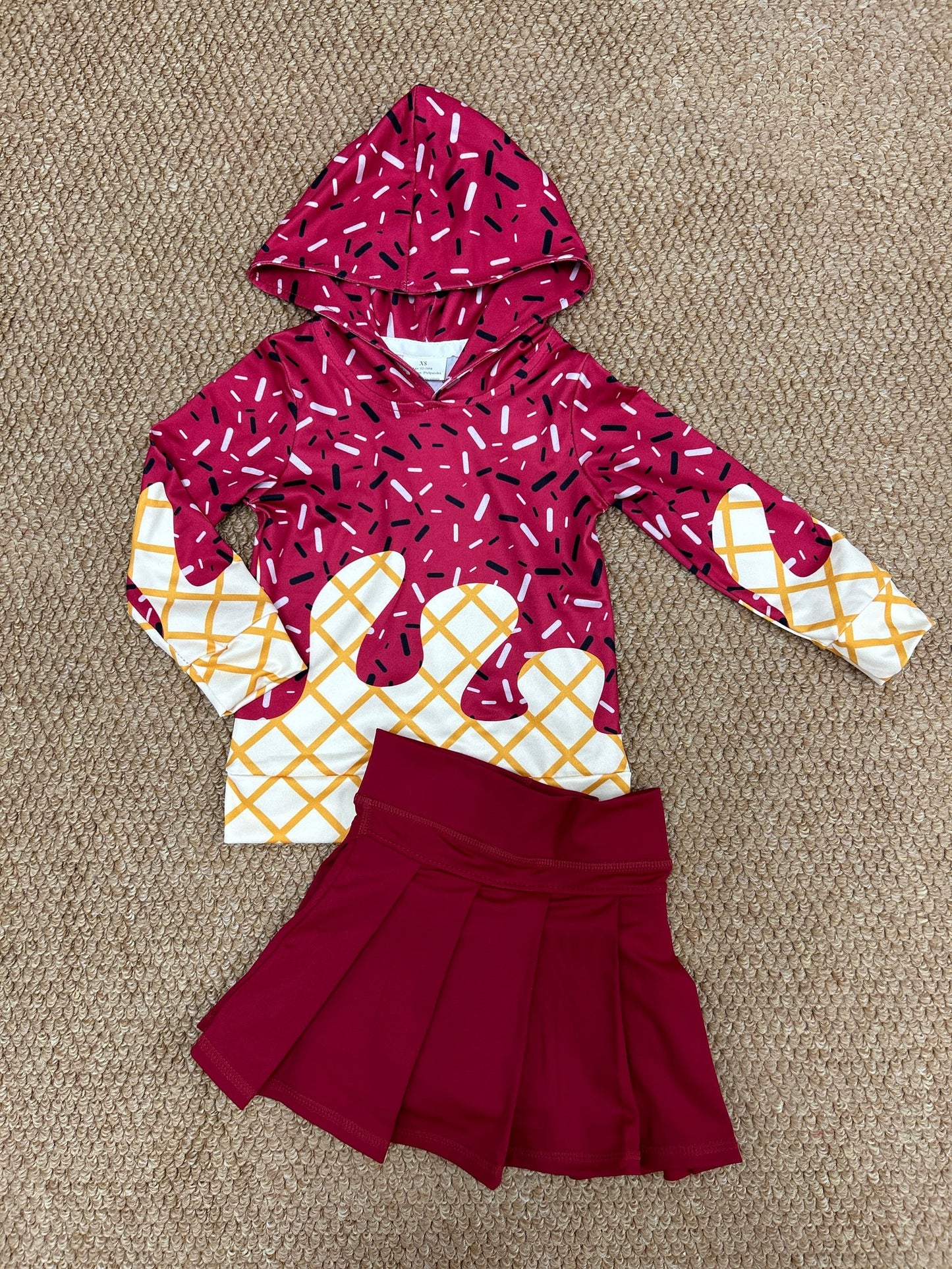 BT1273+GLK0124 Baby Girls Dark Red Drip Hoodie Top Yoga Skort Team Sets 8.2