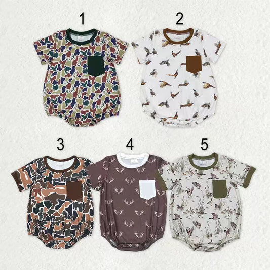 Sibling Baby Boys Short Sleeves Deer Dogs Ducks Turkey Camo Hunting Pocket Rompers C11.27