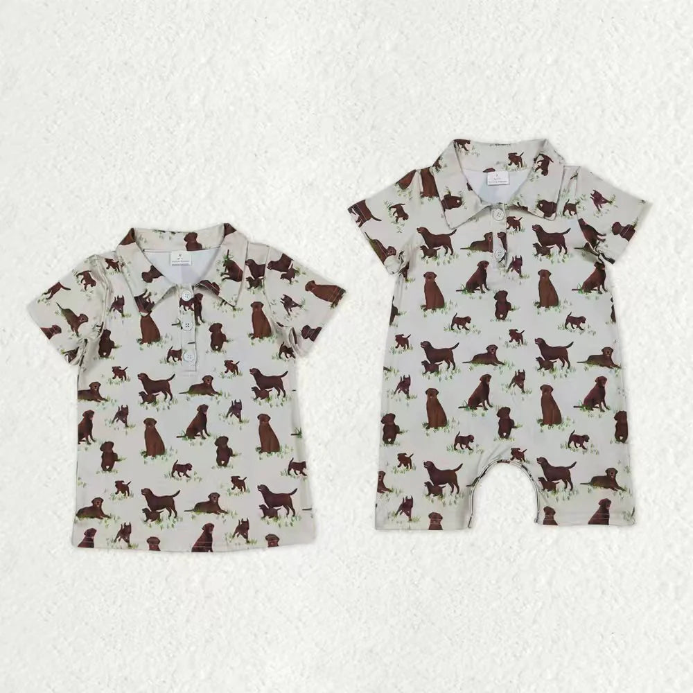 Sibling Baby Short Sleeve Button Boys Dogs Hunting Polo Shirt Top Short Romper C11.29