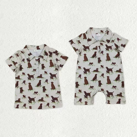 Sibling Baby Short Sleeve Button Boys Dogs Hunting Polo Shirt Top Short Romper C11.29