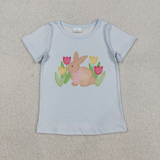 GT1398 Baby Girls Blue Short Sleeve Flowers Rabbits Easter T-shirts Top C11.27