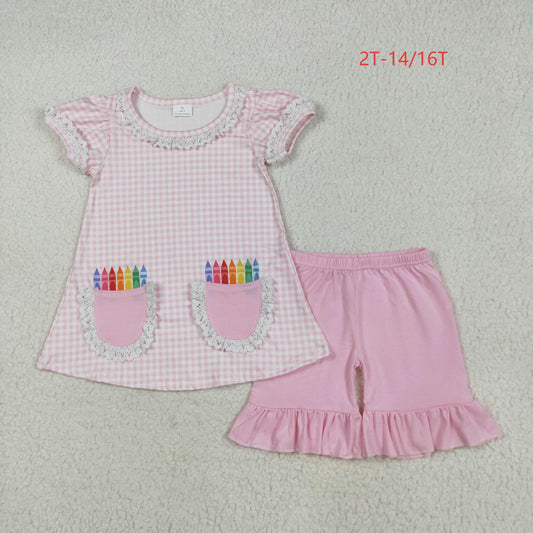 GSSO2388 Baby Girls Pink Plaid Pencils Pockets Tunic Ruffle Short Set 5.22