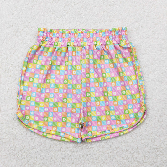 SS0474 Baby Girls Pink Plaid Flowers Sport Shorts Bottoms