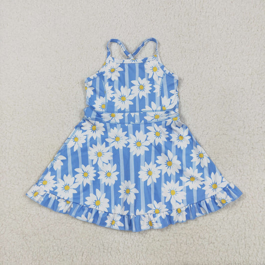 GSD2283 Baby Girls Blue Strap Stripe Floral Yoga Ruffle Knee Length Dress 5.26