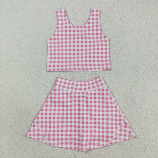 GSD2786 Baby Girls Sleeveless Pink Checked Vest Top Skorts Yoga Activity Set 8.12