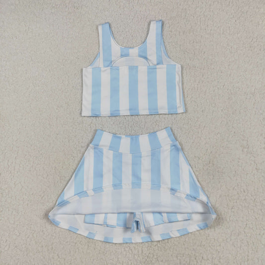 GSD2433 Baby Girls Blue Stripes Athletic Active Wear Top Shorts Skirts Outfit 5.5