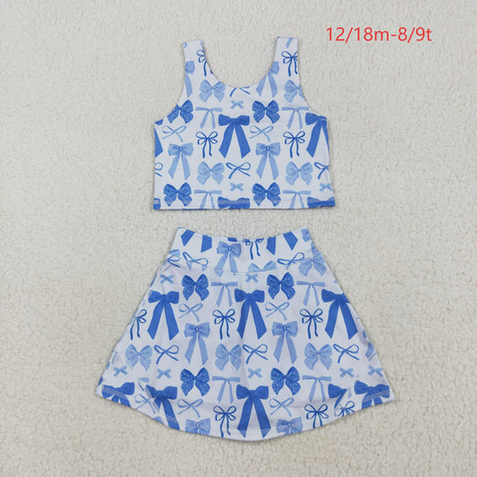 GSD2640 Baby Girls Sleeveless Blue Bows Plaid Vest Top Short Skirts Yoga Set 7.16