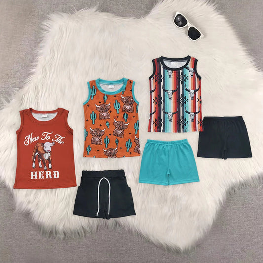 Sibling Baby Boys Western Highland Cows Aztec Sleeveless Tee Shirts Shorts Sets 5.9