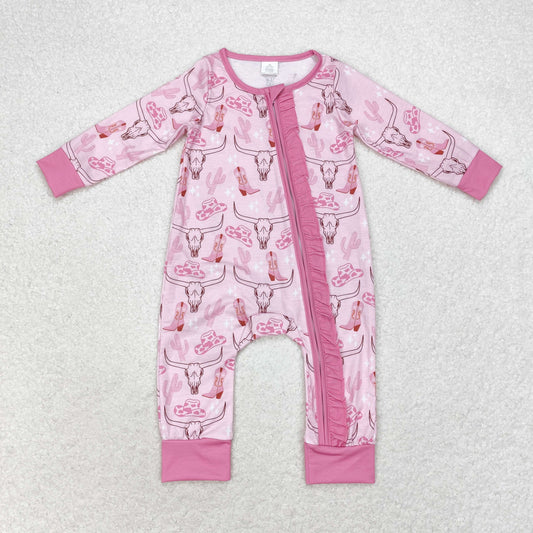 LR0689 Bamboo Alpine Bullhead Cowboy Hat Boots Pink lace zipper long-sleeved onesie