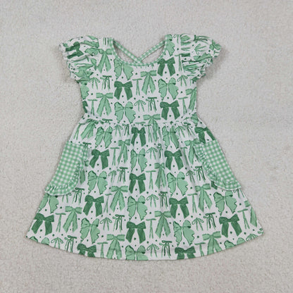 GSD2903 Baby Girls Green Clovers Bows St Patrick Pockets Knee Length Dress C12.5