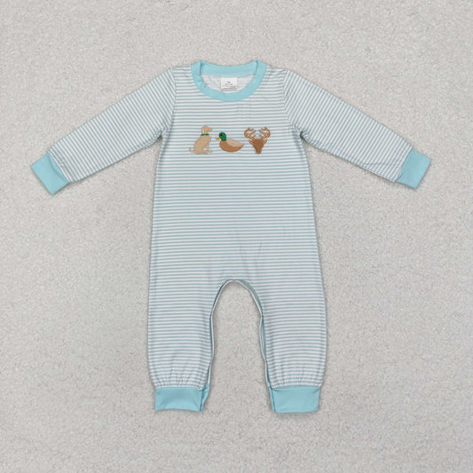 LR1895 Baby Infant Boys Blue Stripes Embroidery  Dog Duck Deer Hunting Romper