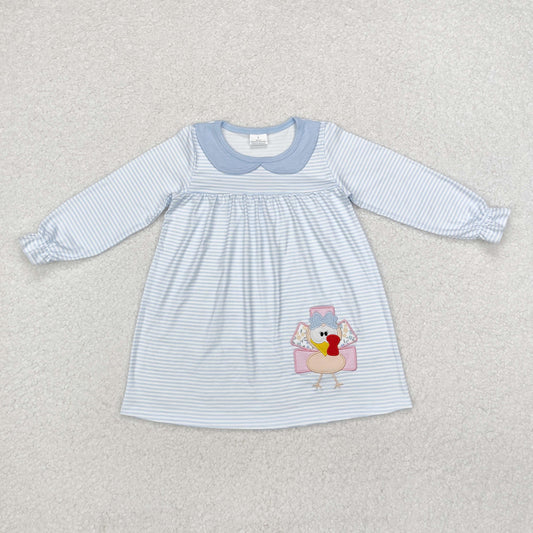 GLD0603 Baby Girls Blue Turkey Thanksgiving Knee Length Dress