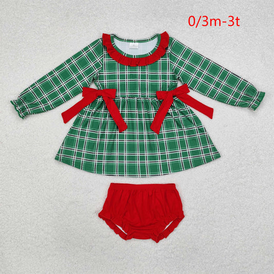 GBO0406 Baby Girls Green Checkered Long Sleeve Tunic Top Bummies Clothes Set