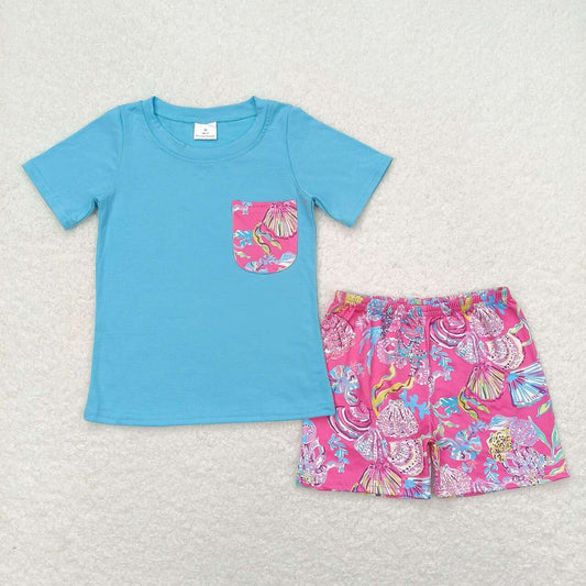 BSSO0841 Seagrass shell pocket blue short sleeve rose-red shorts suit