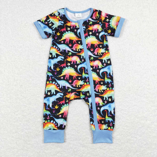 SR0506 Colorful cartoon blue and black zip-up short-sleeved onesie
