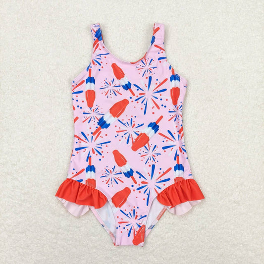 S0333 4th of July Fireworks Popsicle red lace pink one-piece swimsuit