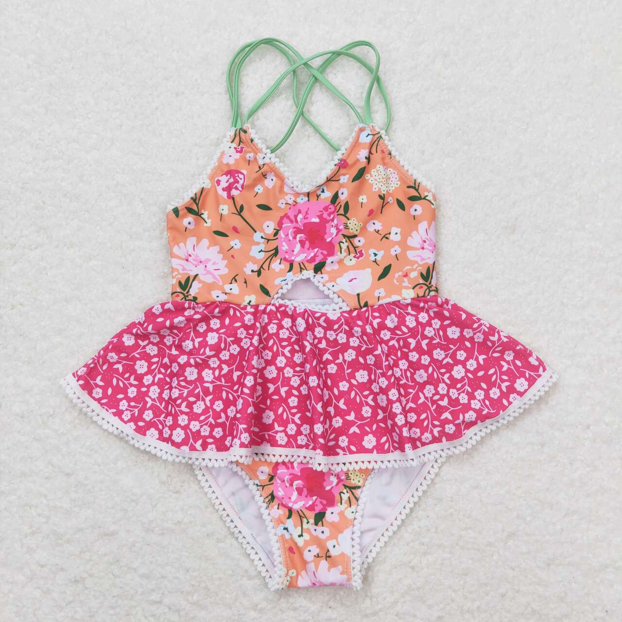 S0249 Floral floral lace pink orange halter one-piece swimsuit