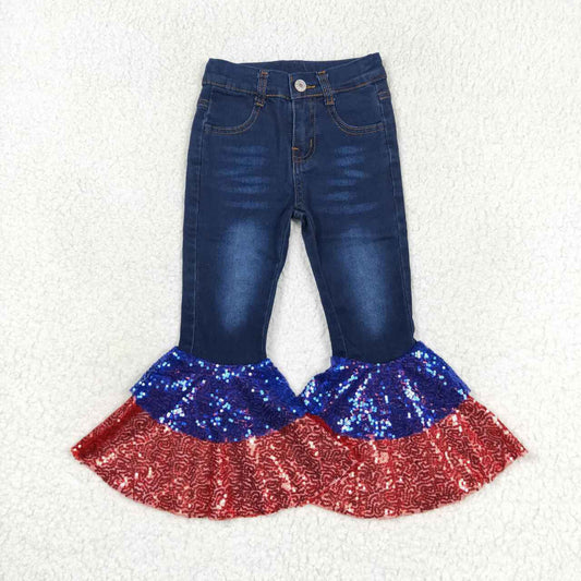 P0430 Red and blue sequined dark blue denim pants