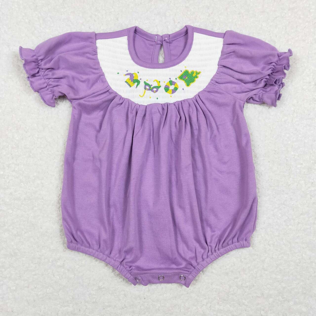 SR0472 smocked embroidered Carnival mask purple and white checkered short-sleeved onesie