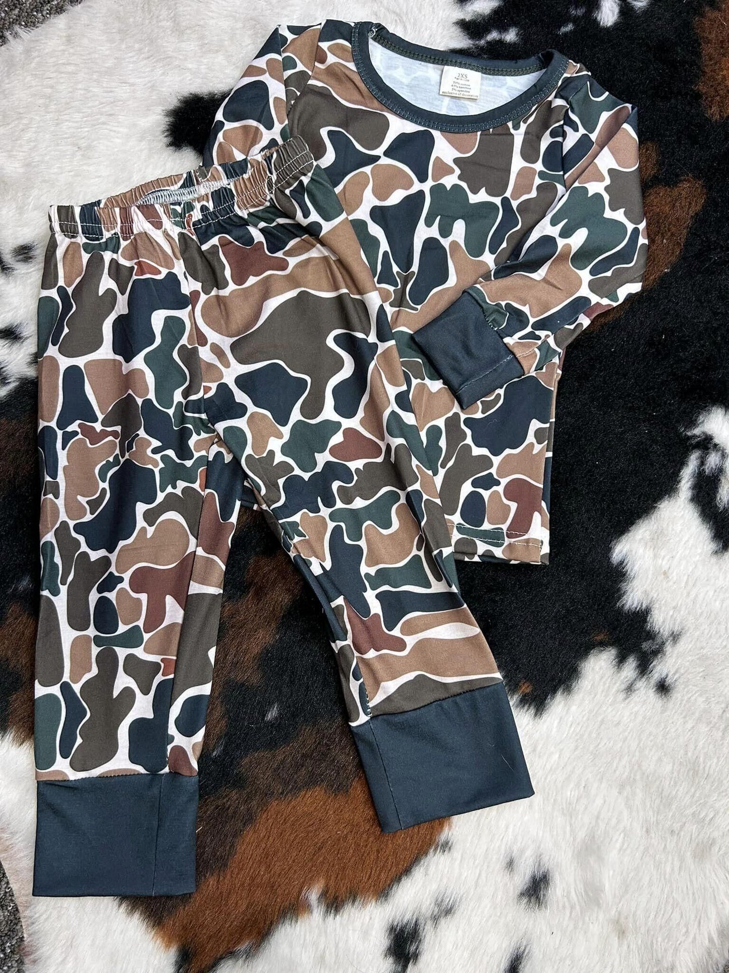 BLP0708 Bamboo brown-green camouflage beige crew-neck long sleeve pants pajama set