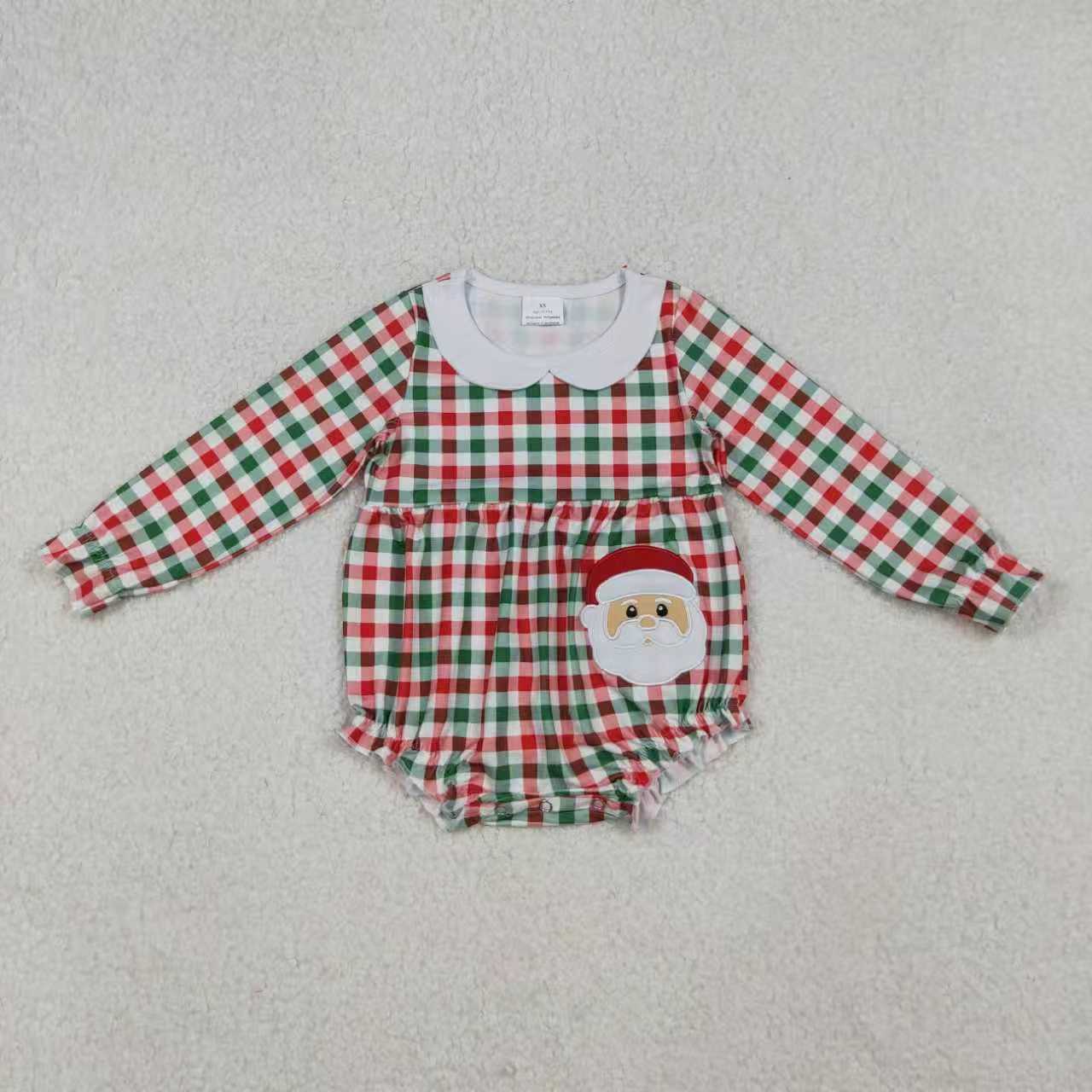 Sibling Baby Girls Red Green Checked Embroidery Santa Tunic Ruffle Pants Christmas Set Rompers C10.25