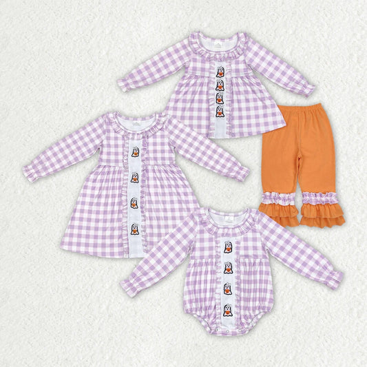 Sibling Sisters Lavender Checkered Ghost Halloween Clothes Sets