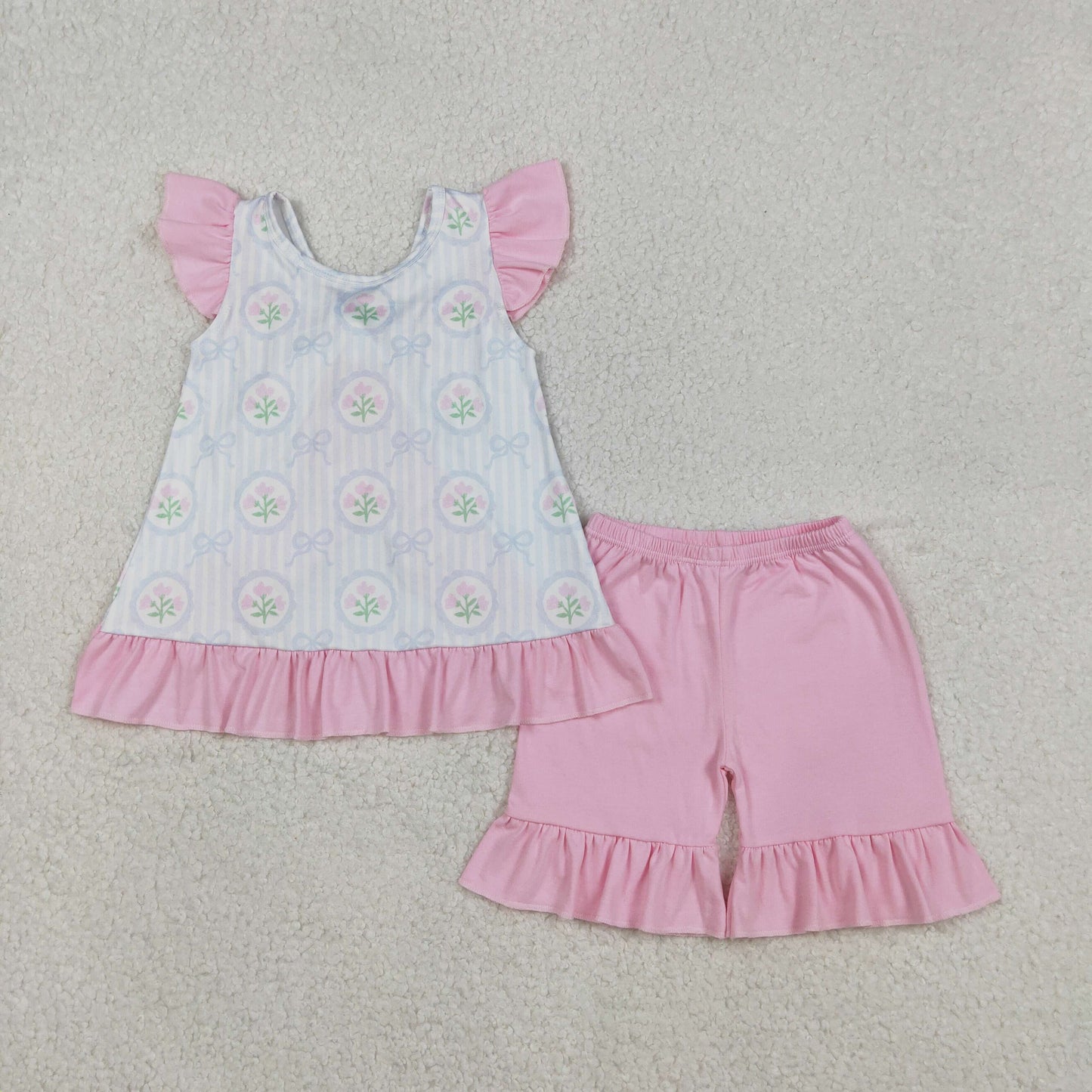 GSSO2732 Baby Girls Flowers Stripe Back Bows Tunic Ruffle Shorts Clothes Set C12.6