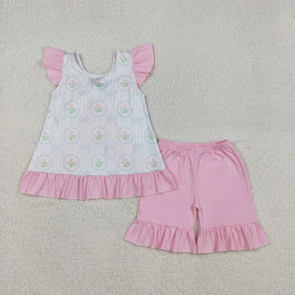 GSSO2732 Baby Girls Flowers Stripe Back Bows Tunic Ruffle Shorts Clothes Set C12.6