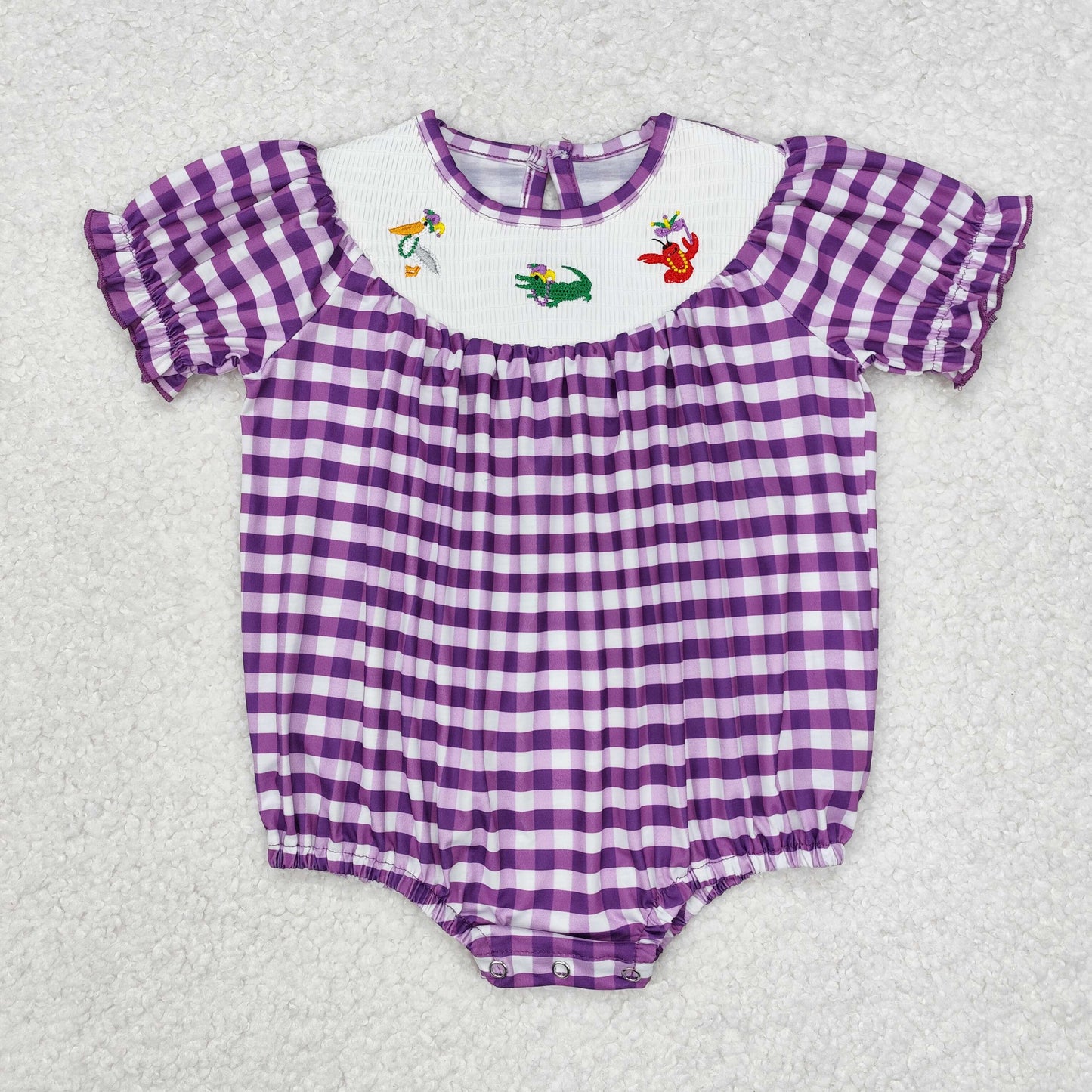 SR2060 Baby Infant Girls Mardi Gras Purple Checkered Smocked Romper