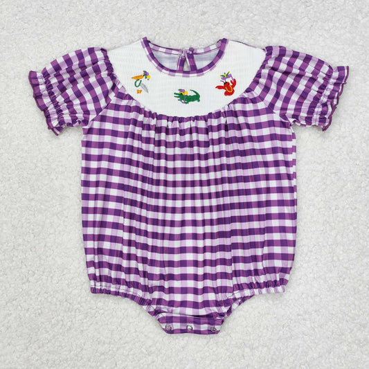 SR2060 Baby Infant Girls Mardi Gras Purple Checkered Smocked Romper