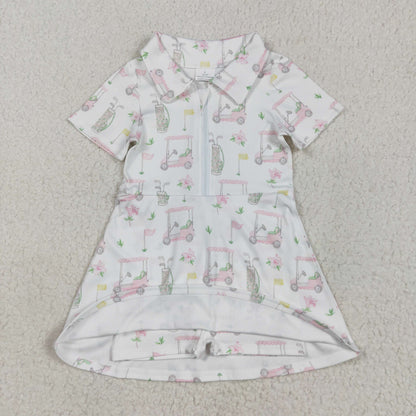 GSD2410 Baby Girls Short Sleeves Pink Flowers Golf Zipper Knee Length Dress 4.29