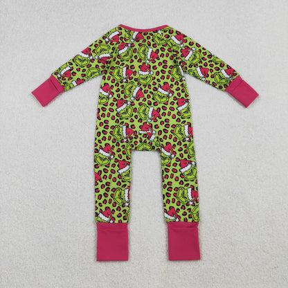 LR2520 Baby Girls Christmas Green Face Leopard Ruffle Zipper Footie Romper C10.14
