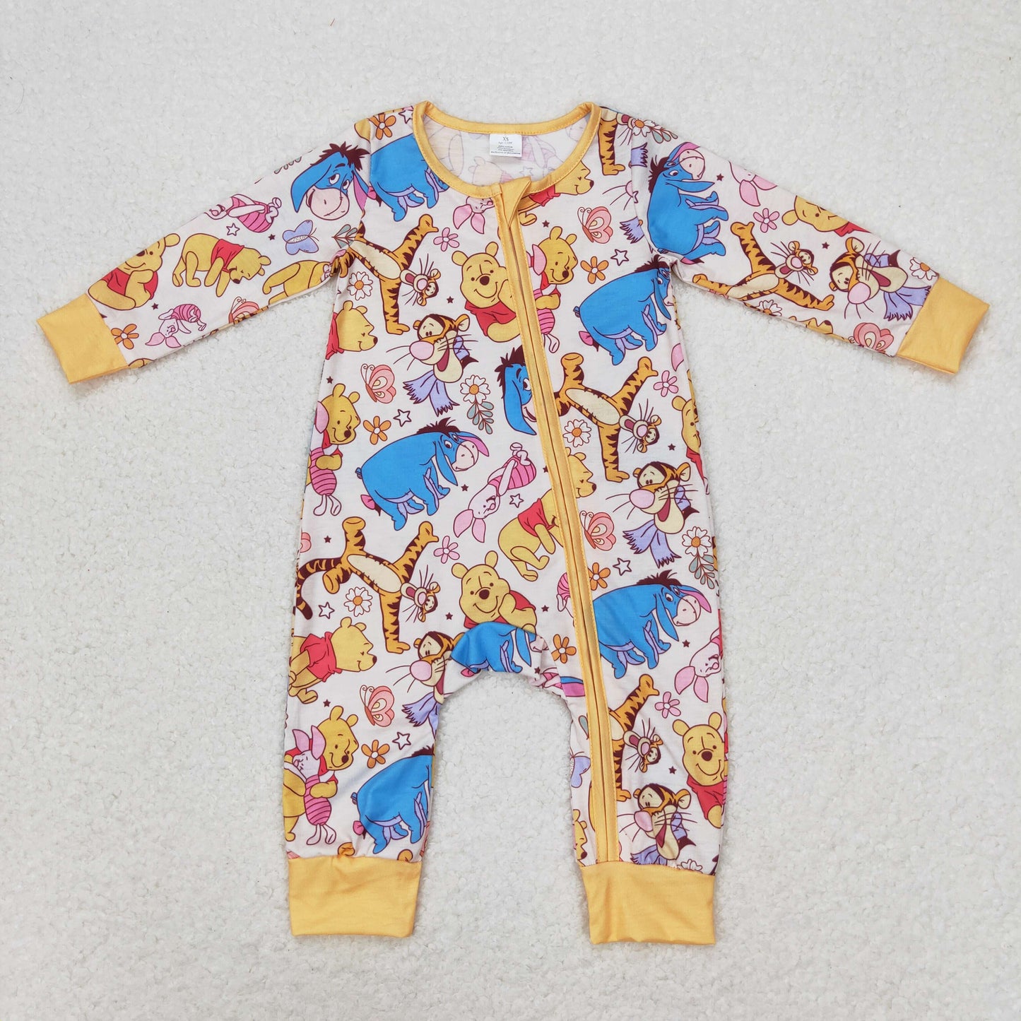 LR0971 Bamboo cartoon Bear flower orange zipper long sleeve onesie