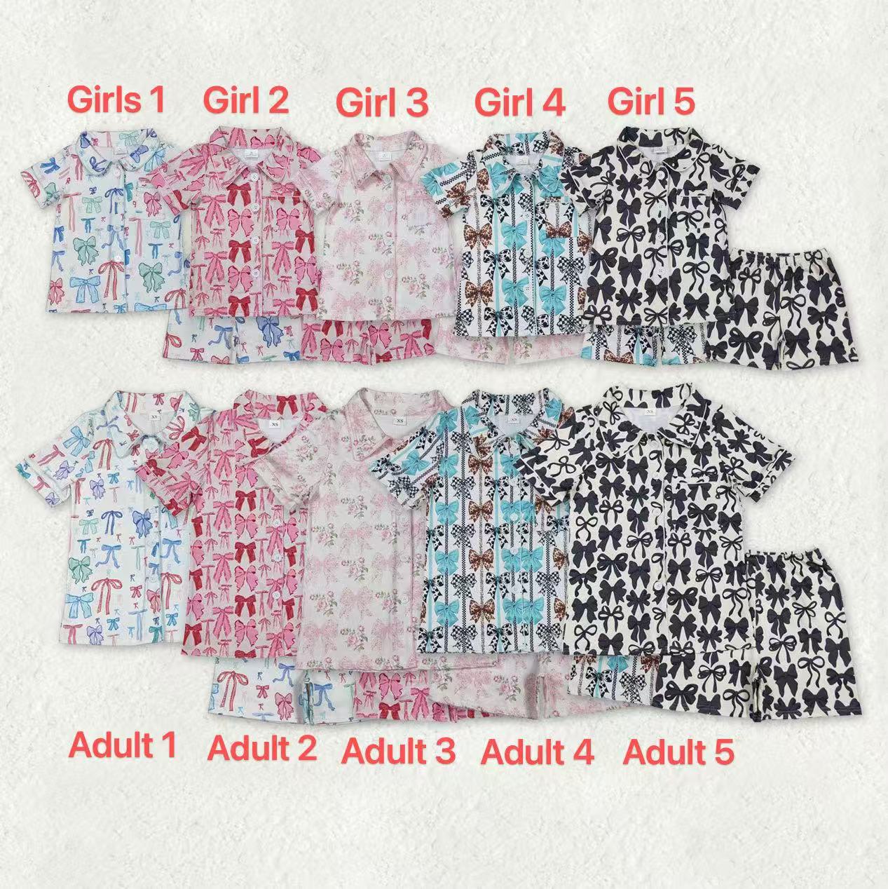 Mama and Me Colorful Bows Pocket Button Top Shorts Pajamas Sets C11.14