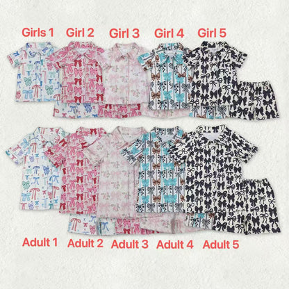 Mama and Me Colorful Bows Pocket Button Top Shorts Pajamas Sets C11.14