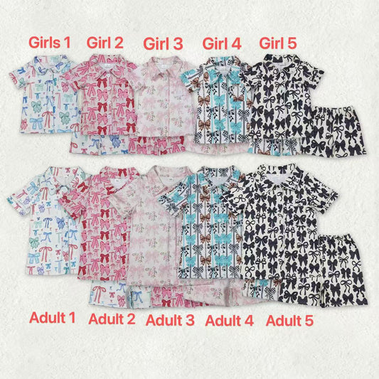 Mama and Me Colorful Bows Pocket Button Top Shorts Pajamas Sets C11.14