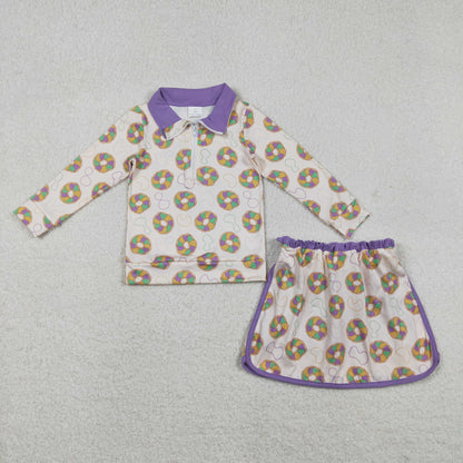 GLD1332 Baby Girls Donuts Checked Zipper Pullover Ruffle Skorts Mardigras Clothes Set C11.24