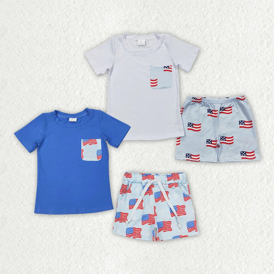 2 Colors Sibling Baby Boys 4th of July Flags Pocket Shirts Shorts Outfits 4.15
