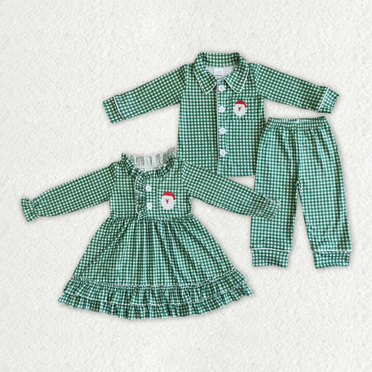 Sibling Baby Boys Girls Green Plaid Santa Christmas Gowns Pajamas Sets