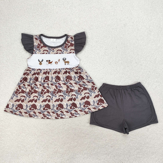 GSSO1358 Embroidered Moose puppy camouflage charcoal gray flying sleeve shorts set