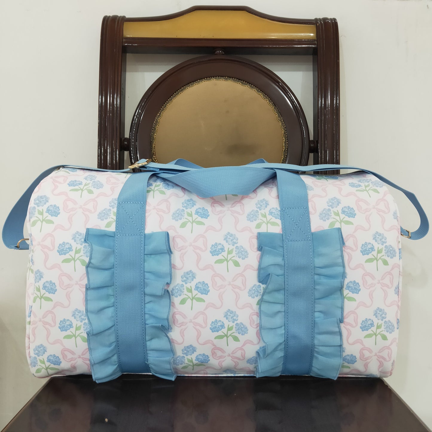 BA0294 Blue Ruffle Pink Bows Plaid Floral Gym Duffle Bag 4.22