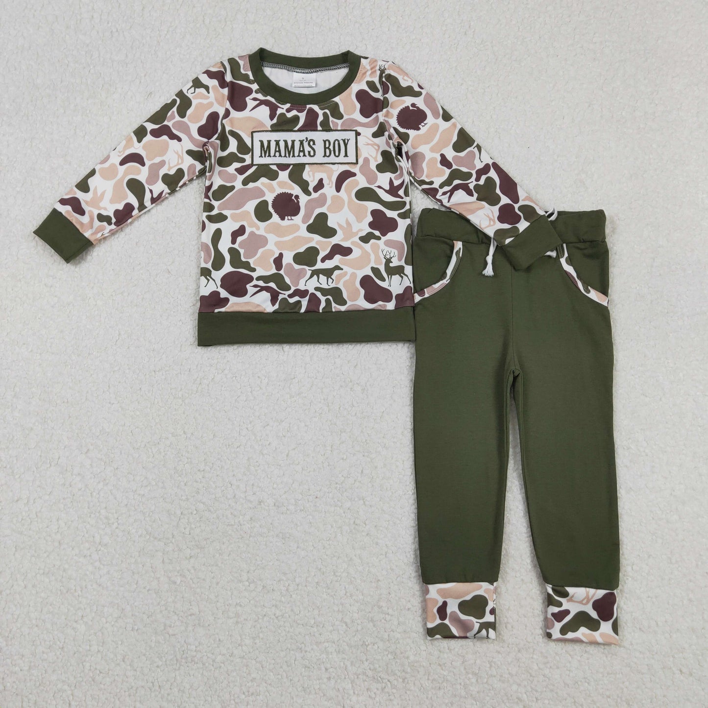 BLP1338 Embroidery Baby Boys Deer Ducks Camo Mama's Boy Top Pockets Jogger Pants Clothes Set C11.14
