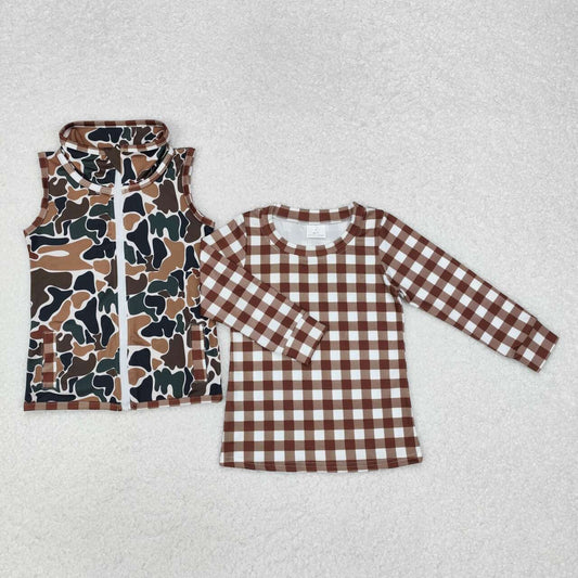 BT0853+BT0856 Baby Boys Brown Checkered Camo Hunting Zip Tops Vest