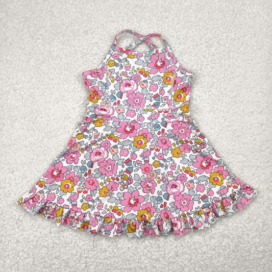 GSD2278 Baby Girls Pink Strap Floral Yoga Ruffle Knee Length Dress 4.28