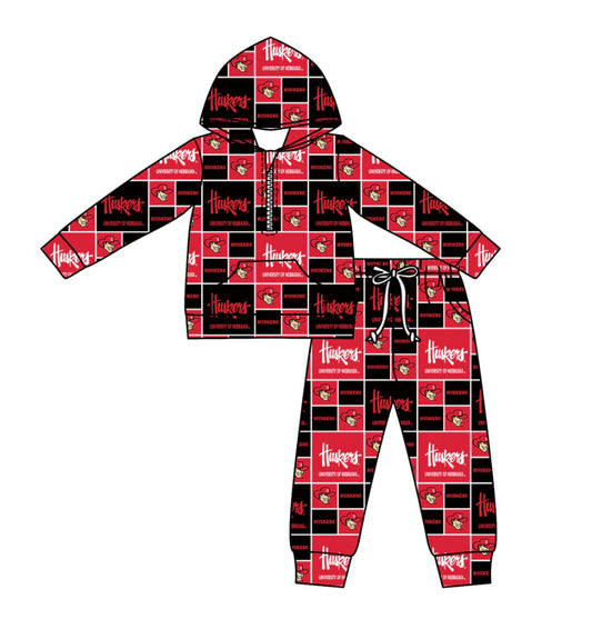 C12.3 Custom Moq 5 Baby Boys Huskers Checked Zipper Pockets Hoodies Pants Team Clothes Sets