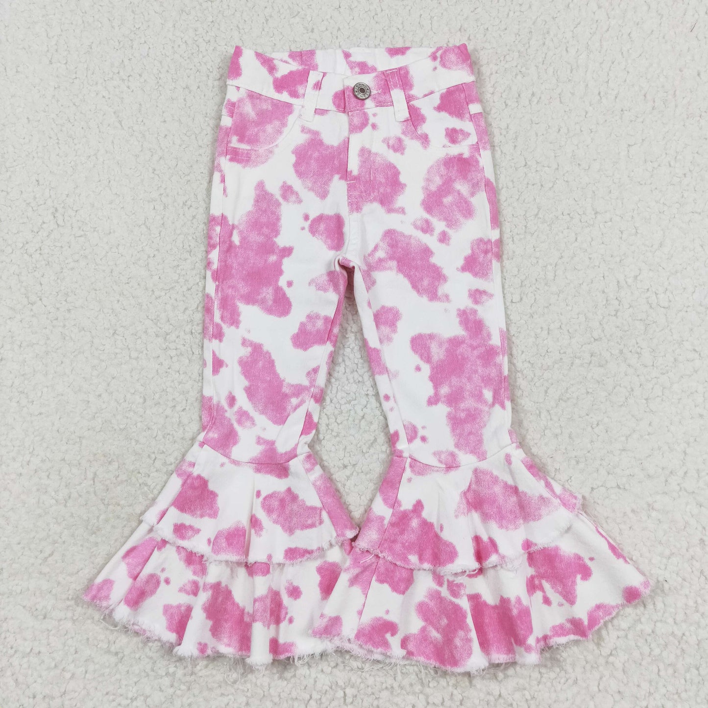 P0406 Pink and white cow-print denim pants