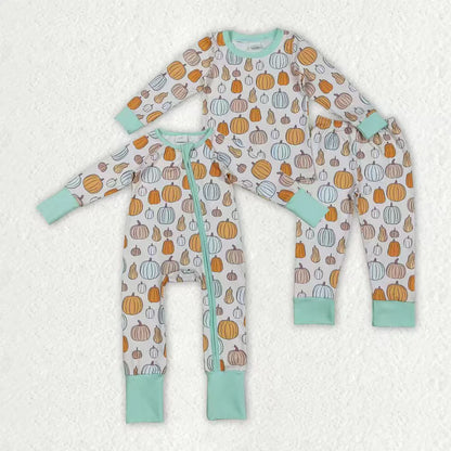 Sibling Baby Boys Colorful Pumpkins Fall Zipper Footie Rompers Pajamas Sets C9.4