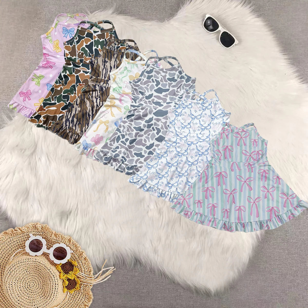 Sibling Baby Girls Strap Bows Floral Camo Print Yoga Activity Wear Ruffle Knee Length Dresses 4.26