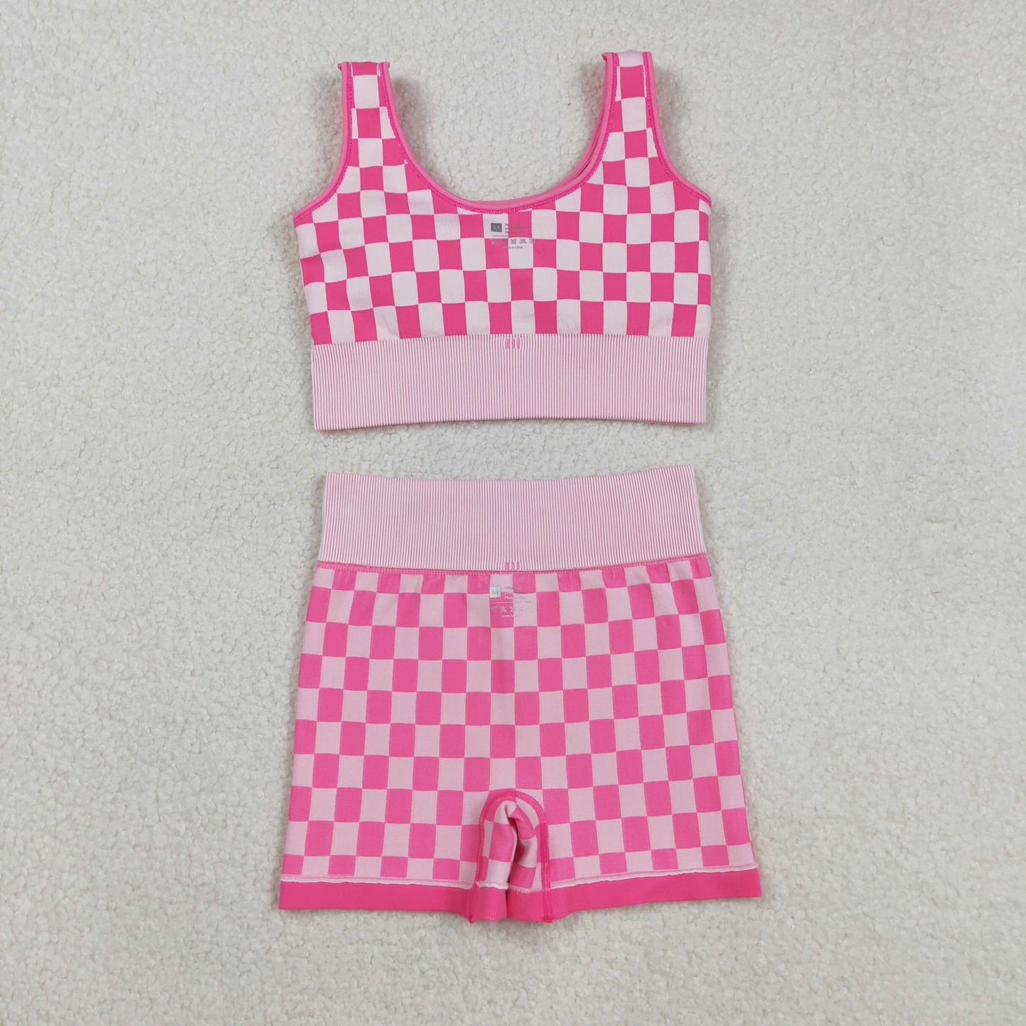 GT1190+SS0645 Adult Women Pink Checkered Crop Bra Top Shorts Yoga Outfits Set C9.1