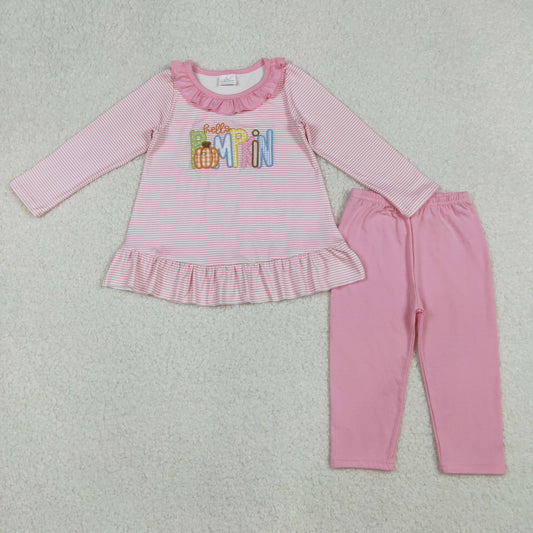 GT1183+P0821 Embroidery Pumpkin Baby Girls Pink Stripes Tunic Leggings Fall Clothes Set C10.8